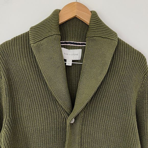 Sun + Stone Mens Shawl Collar Ribbed Cardigan Sweater Cotton Chunky Knit Size S - Picture 3 of 9